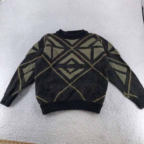 Vintage Torras Sweater Mens Large Black Green Wool‎ Leather Patchwork Spain 90s